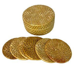 Handwoven Straw Coaster Set With Matching Storage Box Wicker Kitchen Decor